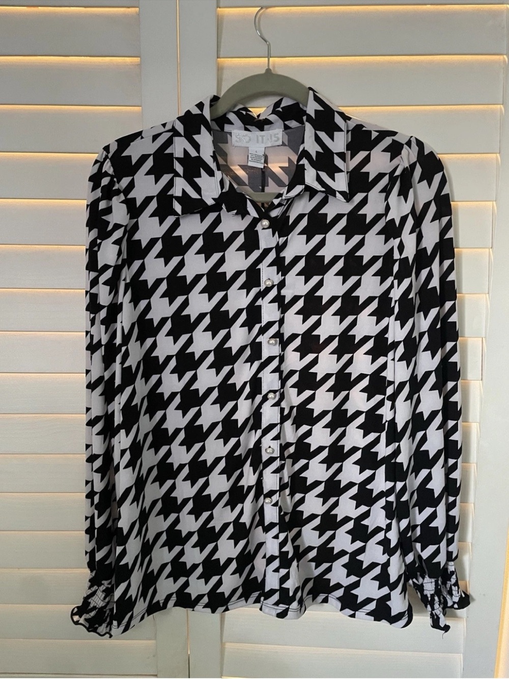 Black & White Houndstooth Embellished Pearl & Rhinestone Button-Down  size L NWT